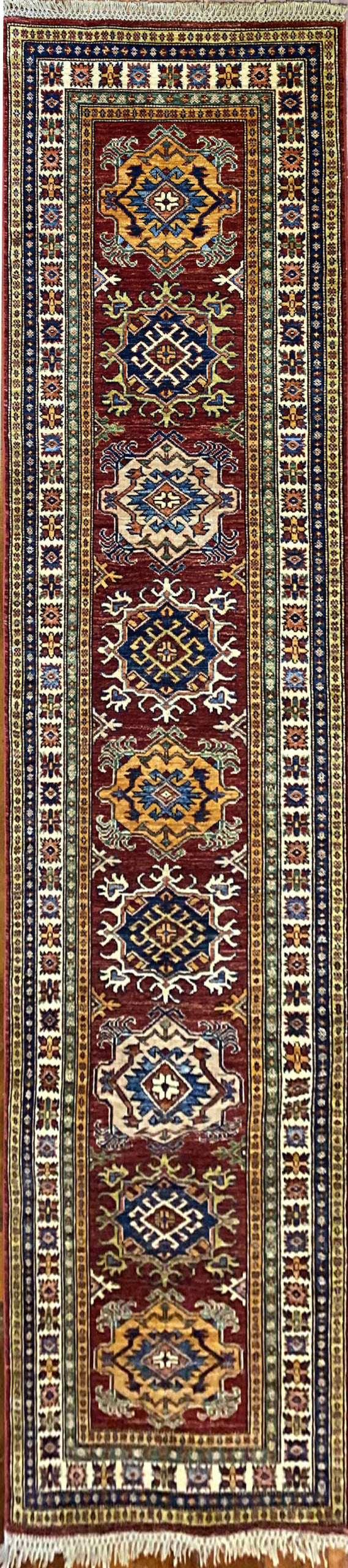Afghan Chechen weave Super- Kazak Hall Runner, 303x82cm | Rug# 24749