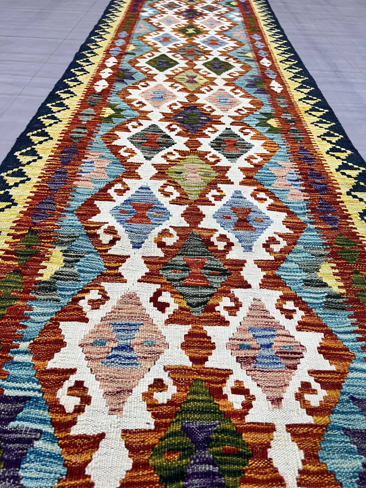Hand-woven Afghan Kilim Runner 386x84cm | Rug# 26503