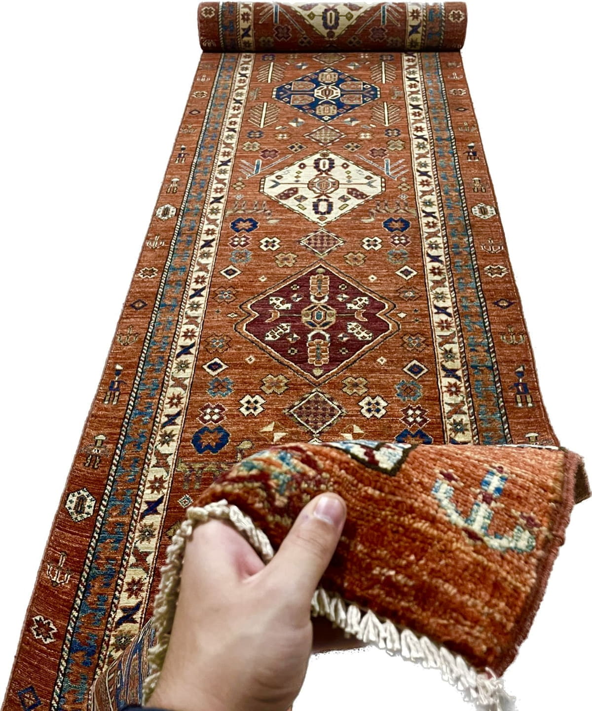 Afghan Turkaman Hall Runner, Custom-Made in Caucasian design 676x94cm | Rug# 26556