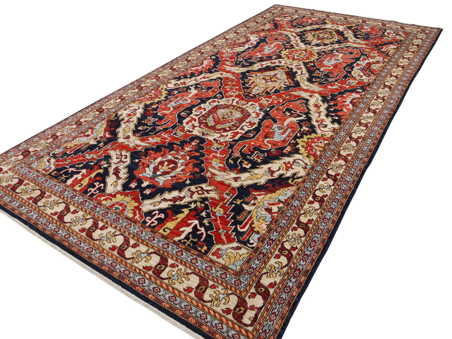 Afghan Turkaman weave, Famous 16th c Oushak design 431x202cm | Rug# 26607