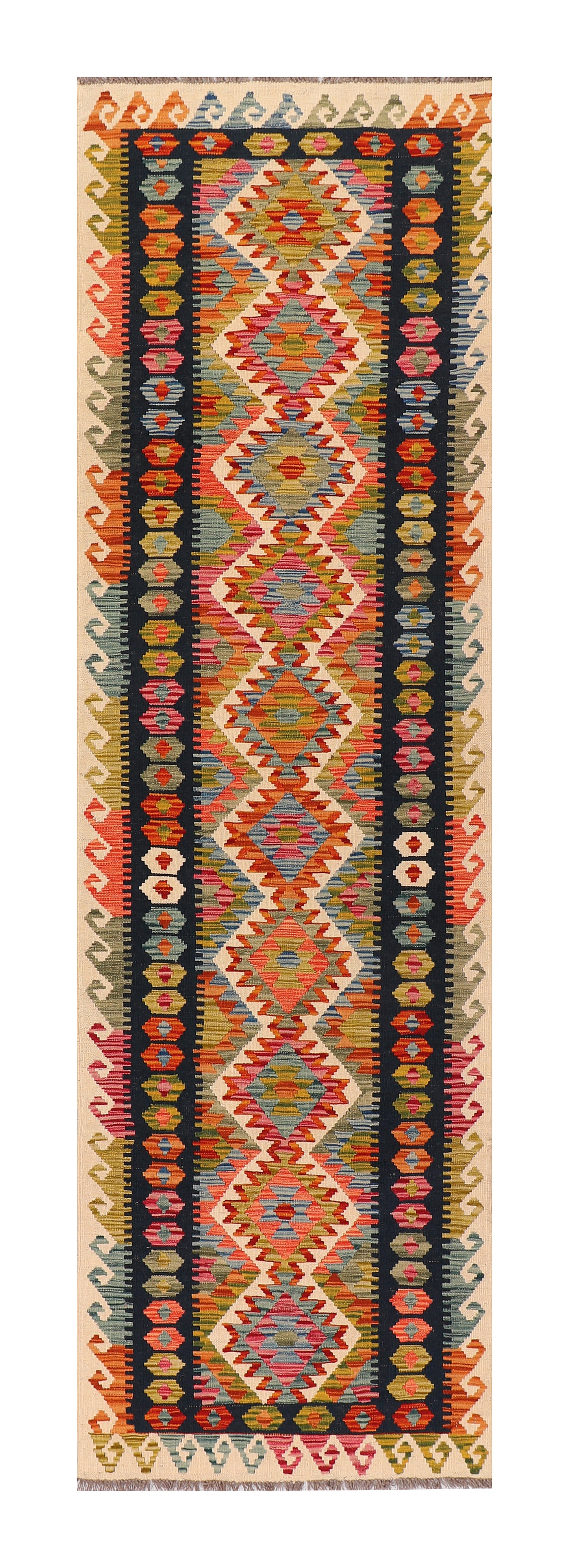 Flat-weave Maimaneh kilim, vegetable dyes, HSW, Afghan 296 x 87 cm | Rug#26406