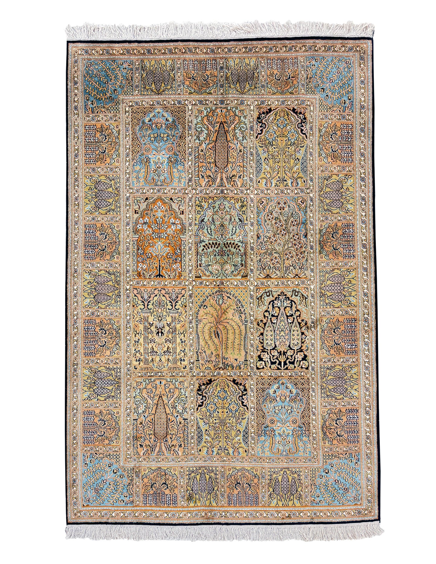 Hand knotted Kashmir pure silk pile rug, 190x125cm | Rug# 32050