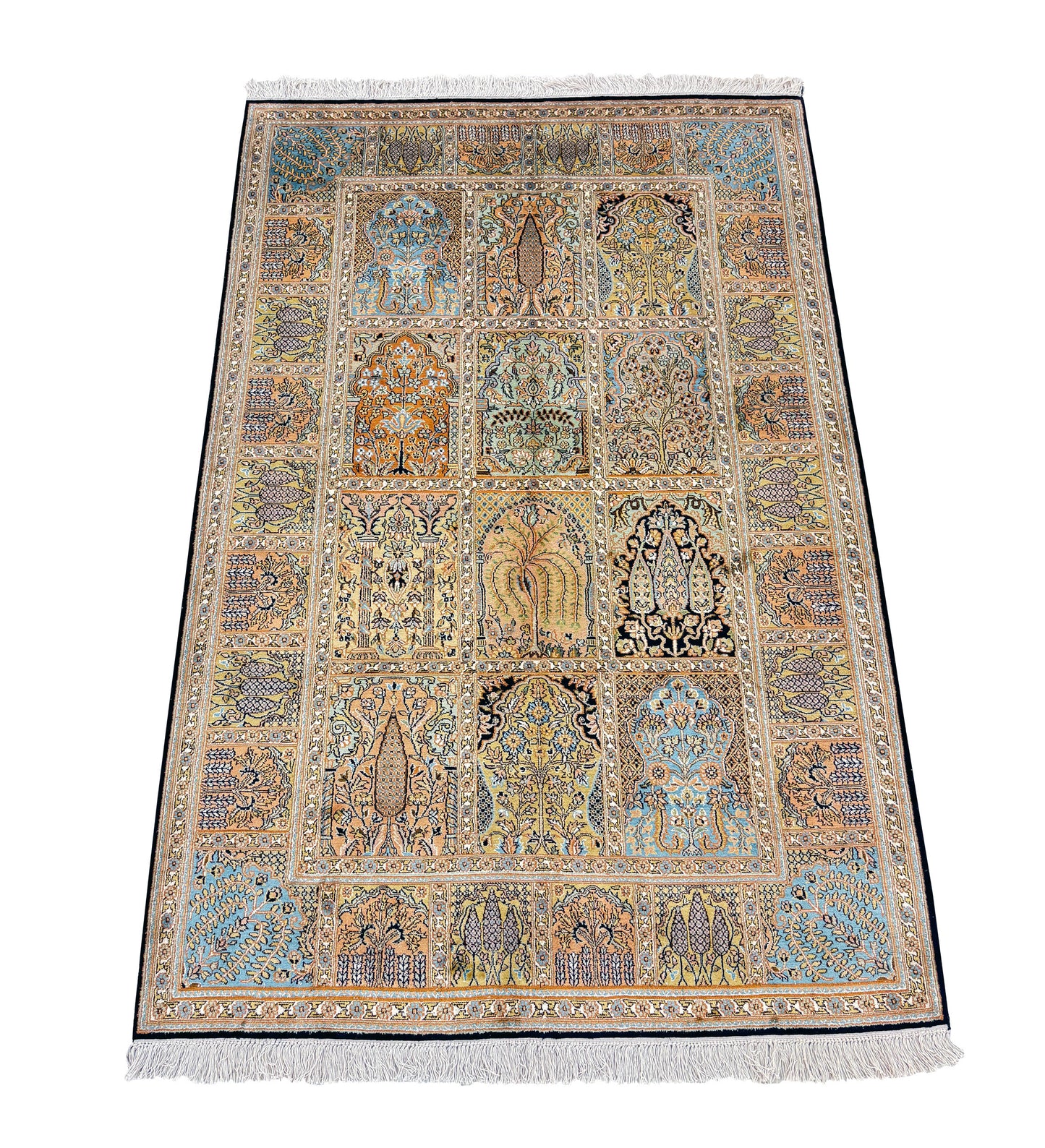 Hand knotted Kashmir pure silk pile rug, 190x125cm | Rug# 32050