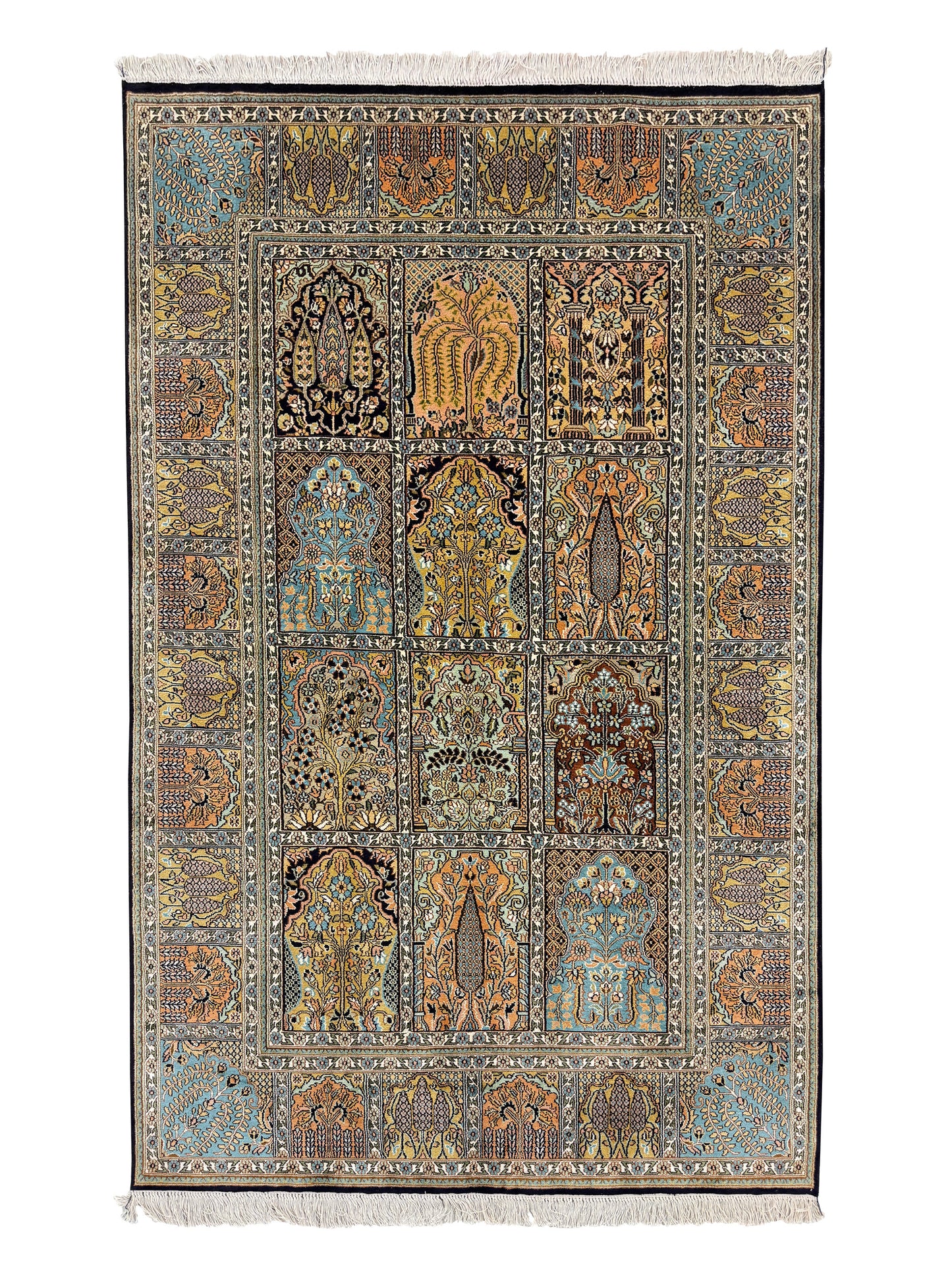 Hand knotted Kashmir pure silk pile rug, 188x121cm | Rug# 32051