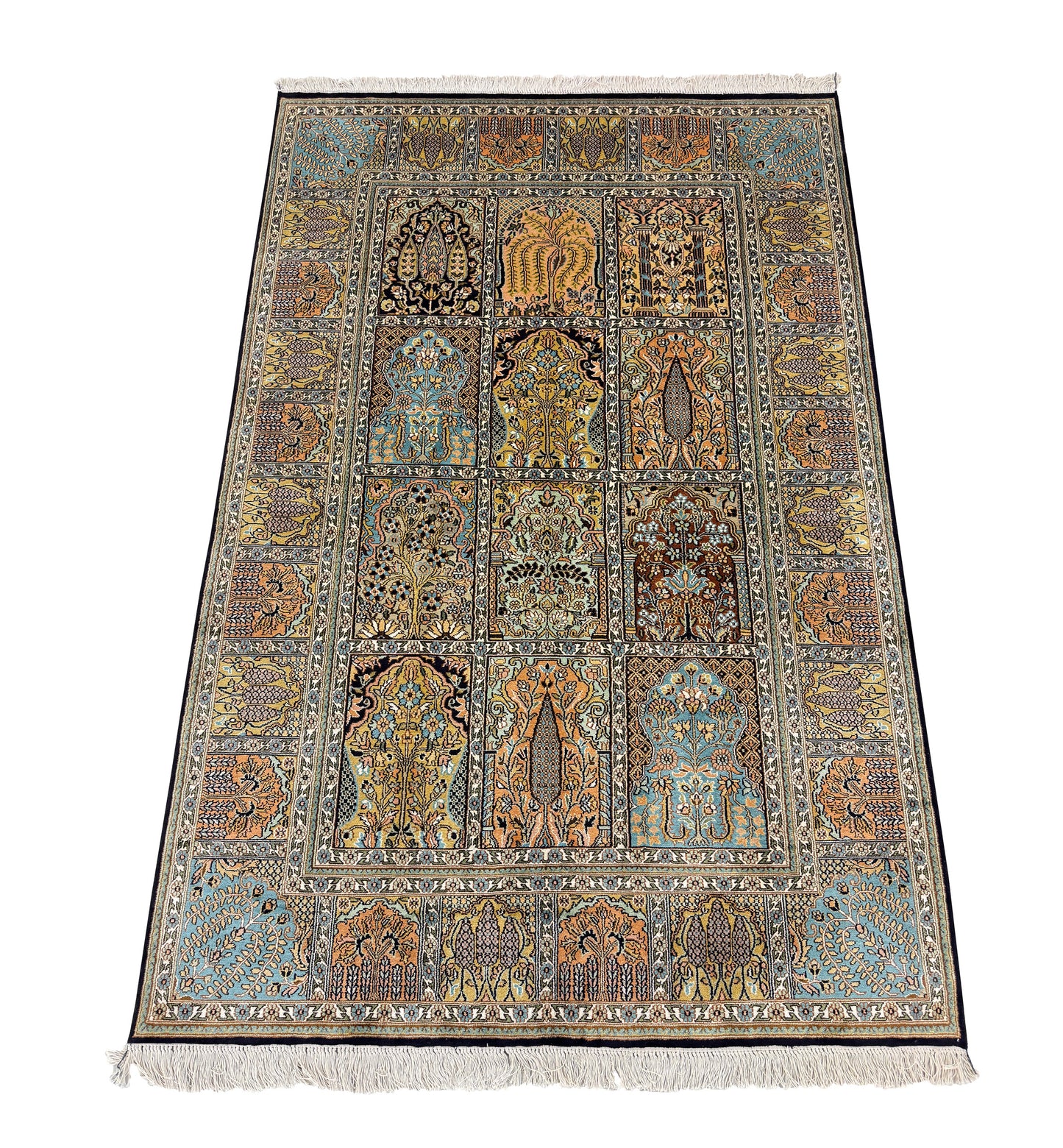 Hand knotted Kashmir pure silk pile rug, 188x121cm | Rug# 32051