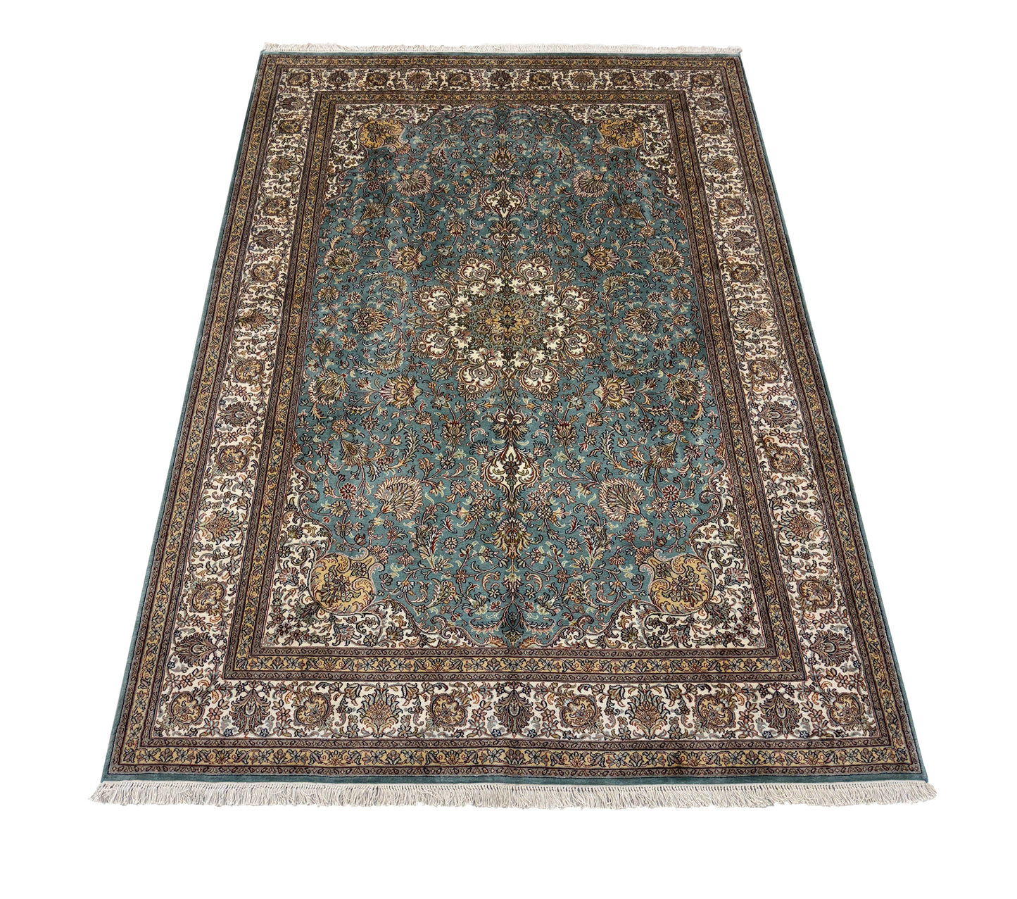 Hand knotted Kashmir pure silk 247x169cm | Rug# 32056