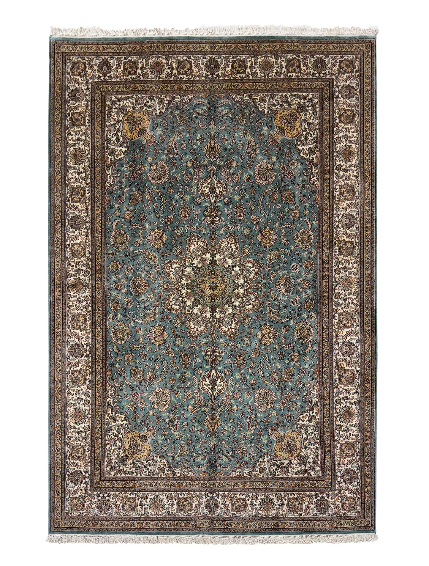 Hand knotted Kashmir pure silk 247x169cm | Rug# 32056