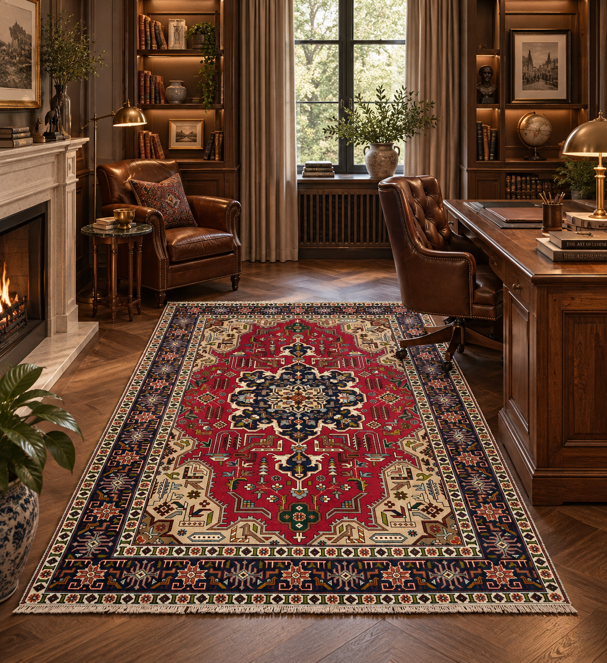 A large traditional oriental area rug with a red, navy, beige, and gold pattern, displayed on a wooden floor in a beautifully decorated study and living room.