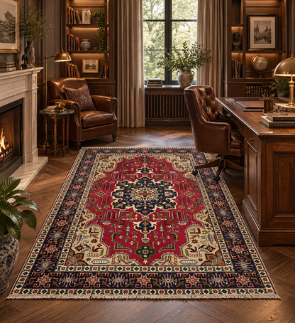 A large traditional oriental area rug with a red, navy, beige, and gold pattern, displayed on a wooden floor in a beautifully decorated study and living room.