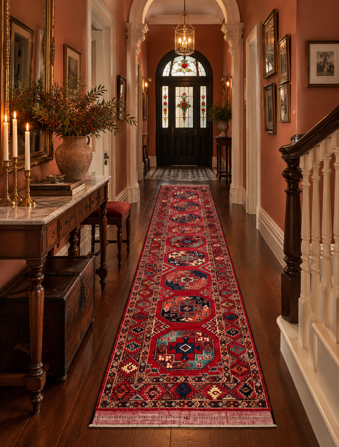 A long red patterned runner rug is displayed in a grand hallway with dark wood floors, peach-pink walls, and a staircase on the right.