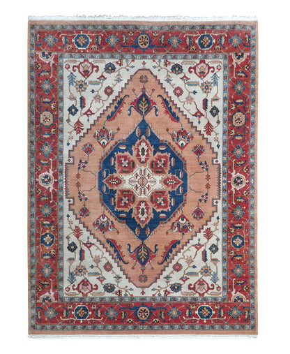 A traditional oriental-style area rug with a central medallion, featuring a dusty pink center, a deep blue inner medallion, and a wide red border with intricate floral and geometric motifs.