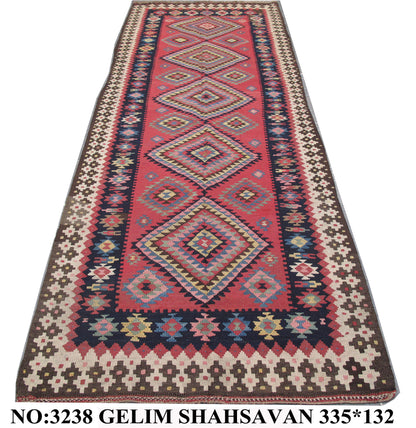 Antique Shahsavand flatweave Kilim, all wool construction, circa 1915 335x132cm | Rug# 3238