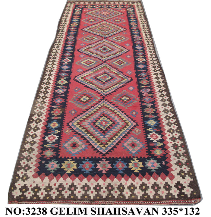 Antique Shahsavand flatweave Kilim, all wool construction, circa 1915 335x132cm | Rug# 3238