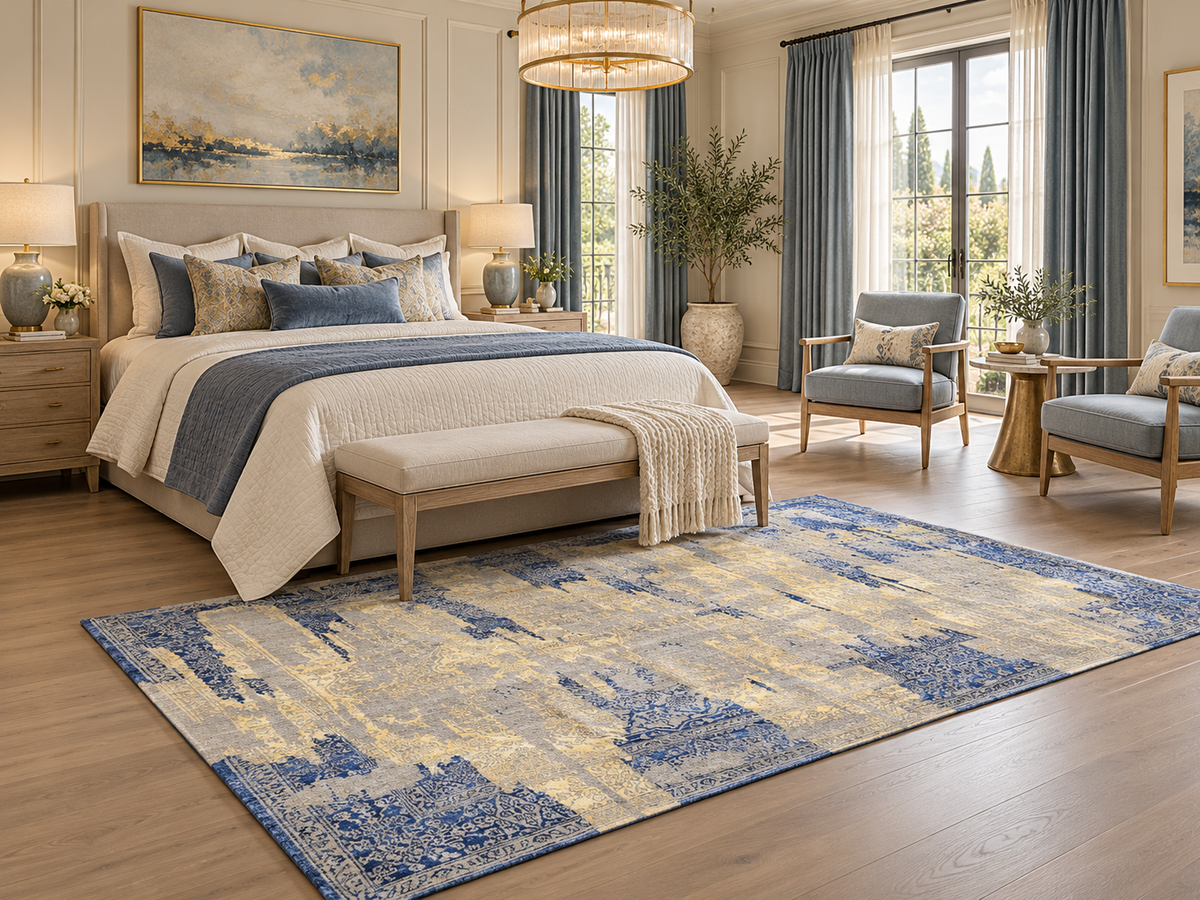 Hand-Knotted Transitional Designer Wool and Silk Rug 238x180 cm | Rug# 32631