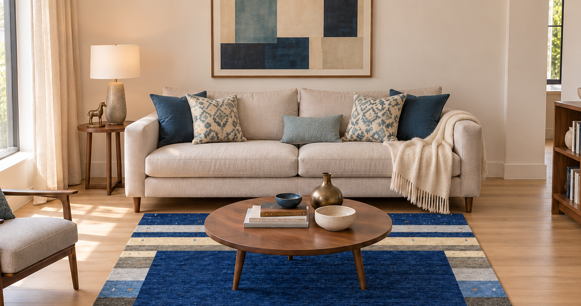 A rectangular area rug with horizontal stripes in navy blue, teal, beige, and white, styled in a bright, modern living room on a light wood floor.