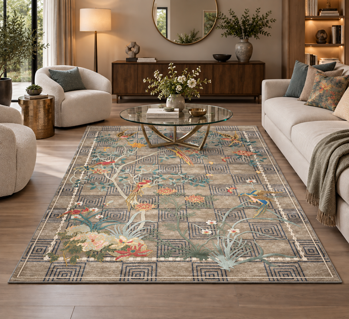 Contemporary Himalayan Birds & Floral Rug 241x175 cm | Rug# 32081