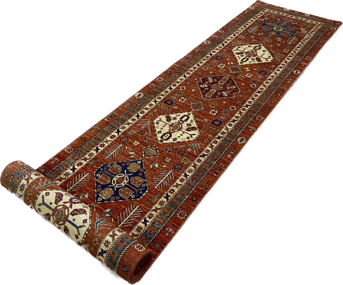 Afghan Turkaman Hall Runner, Custom-Made in Caucasian design 676x94cm | Rug# 26556
