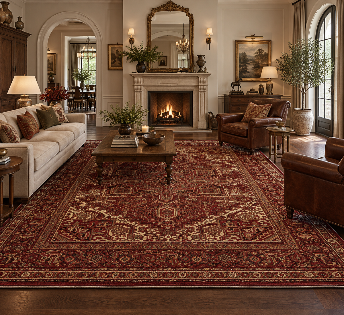 A large traditional oriental area rug with a deep red and beige medallion pattern, styled in a classic, warm-toned living room with a fireplace, leather armchairs, and wooden furniture.