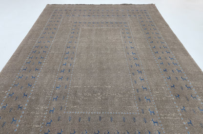 Hand-woven wool and bamboo silk pile Transitional tribal, 301x206cm | Rug# 10654