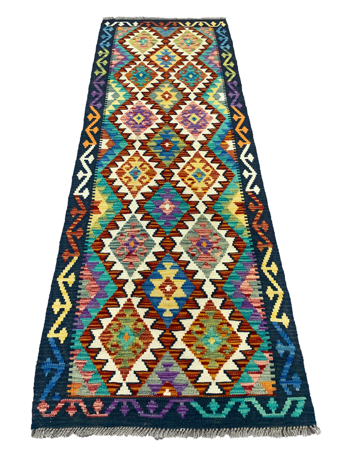 Flat-weave Maimaneh kilim, vegetable dyes, HSW, Afghan 236x83 cm | Rug# 26742