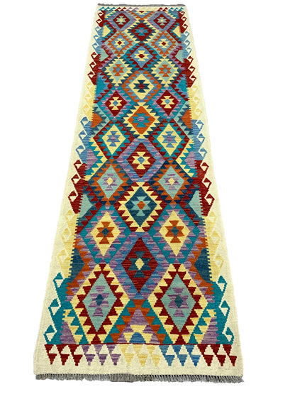 Flat-weave Maimaneh kilim, vegetable dyes, HSW, Afghan  297x85 cm | Rug# 26747