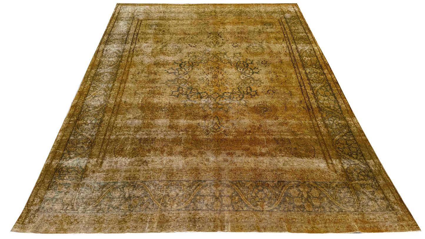 Distressed and vintage overdyed Persian Kerman, 385x287cm | Rug# 27242