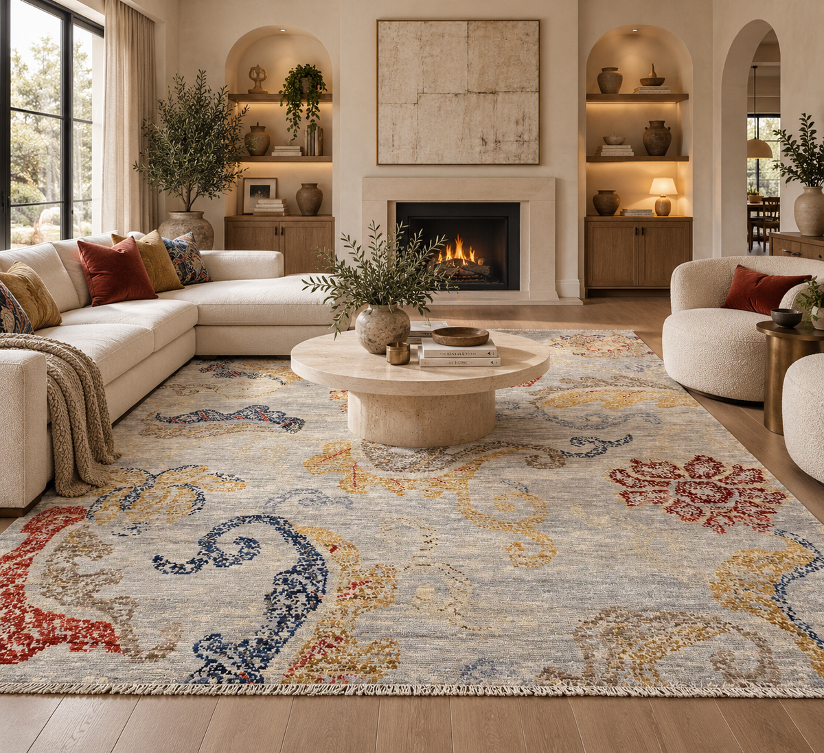 A large area rug with a distressed, ornate floral and scroll pattern in beige, blue, red, and gold tones, styled in a bright, modern living room with a cream sectional sofa, stone coffee table, and fireplace.