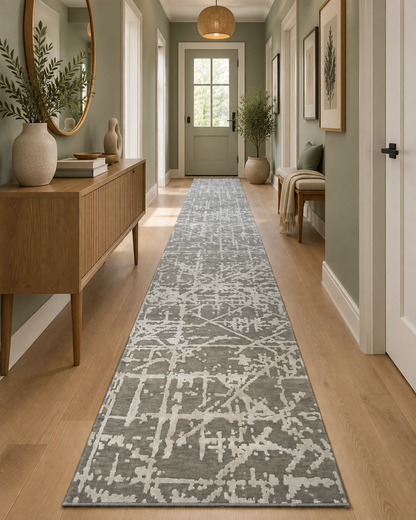 A long runner rug with a gray and off-white abstract pattern is shown in a styled hallway with light wood floors, a wooden console table, and neutral decor.