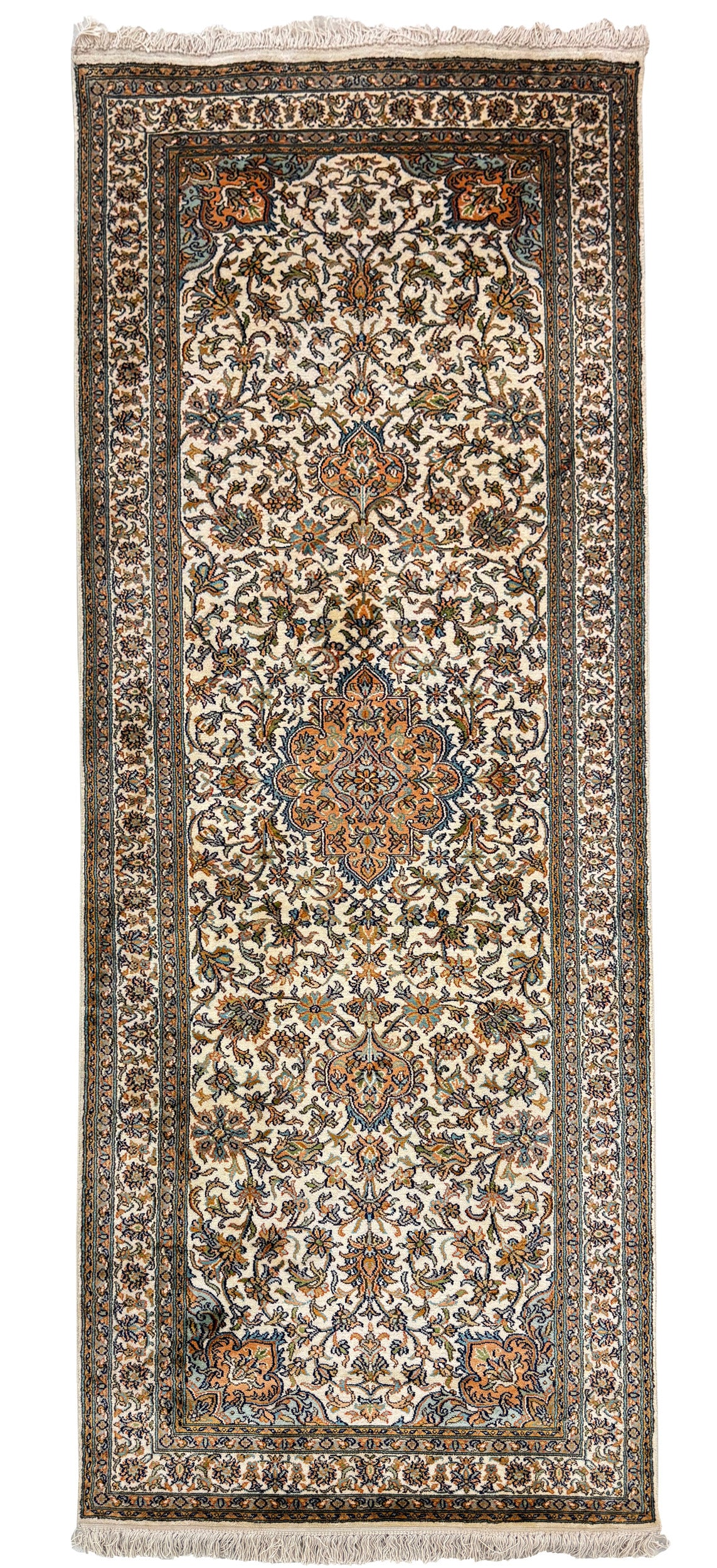 Hand knotted Kashmir pure silk pile runner, 218x79cm | Rug# 32030