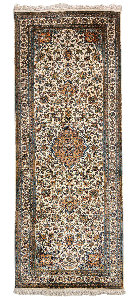 Hand knotted Kashmir pure silk pile runner, 218x79cm | Rug# 32030