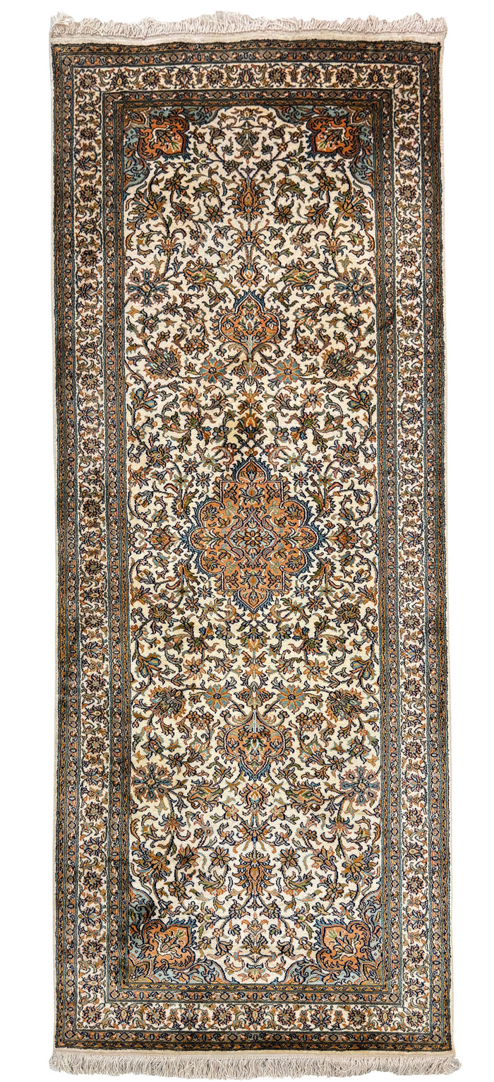 Hand knotted Kashmir pure silk pile runner, 218x79cm | Rug# 32030