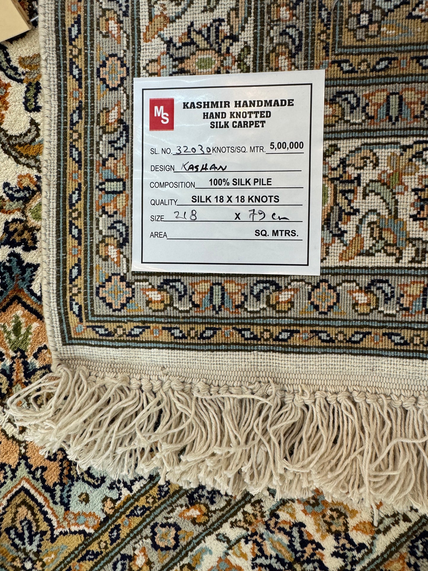 Hand knotted Kashmir pure silk pile runner, 218x79cm | Rug# 32030