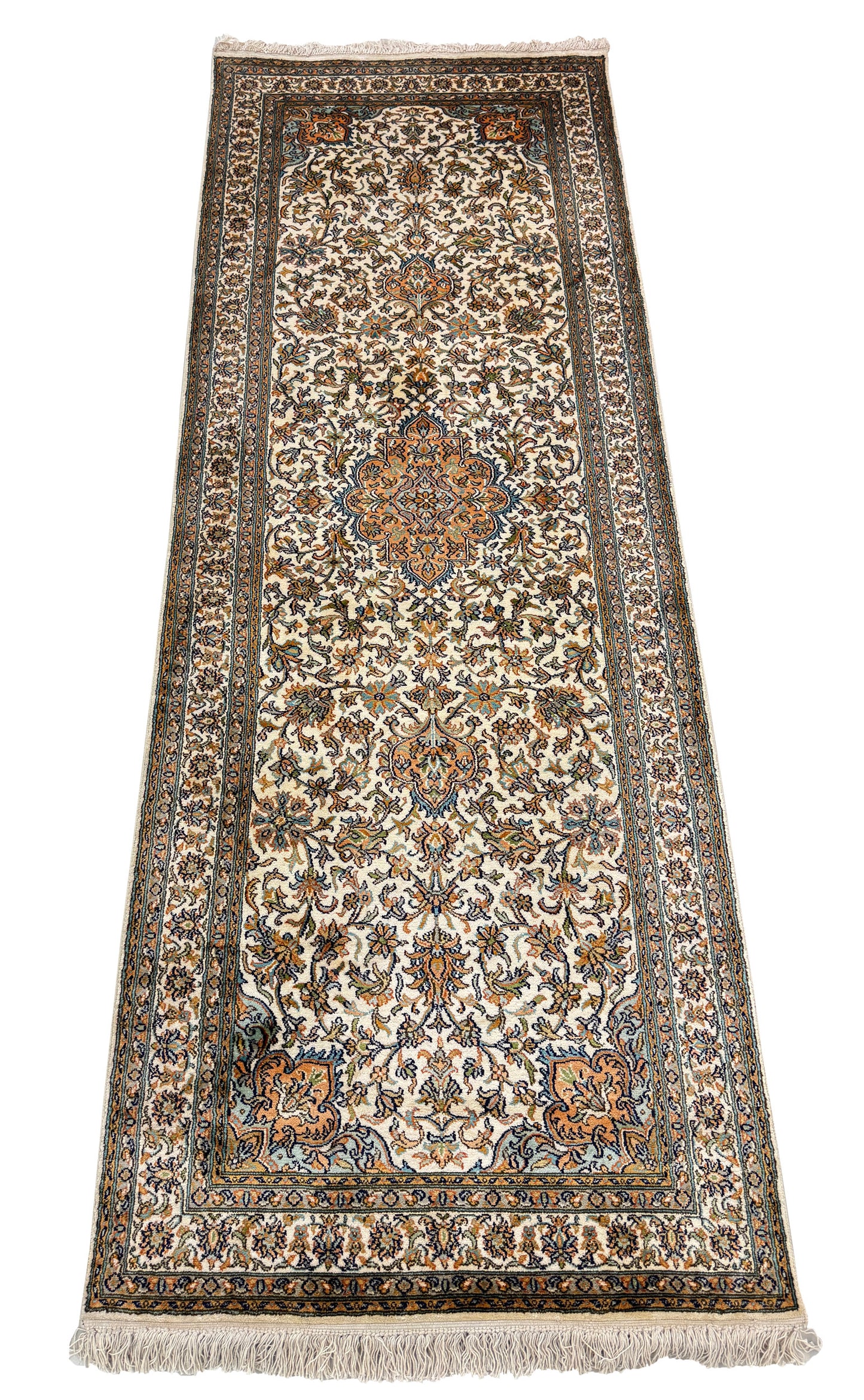 Hand knotted Kashmir pure silk pile runner, 218x79cm | Rug# 32030