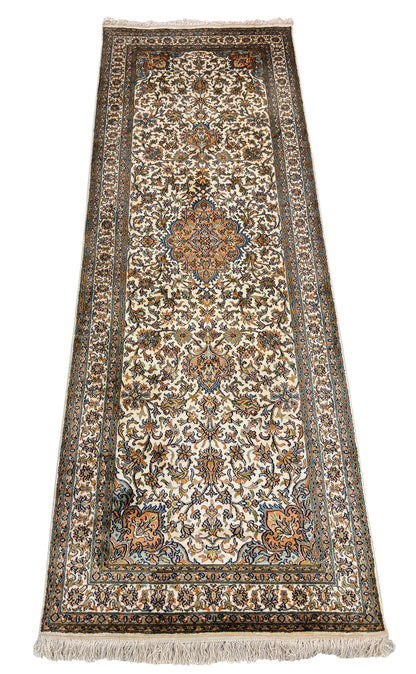 Hand knotted Kashmir pure silk pile runner, 218x79cm | Rug# 32030