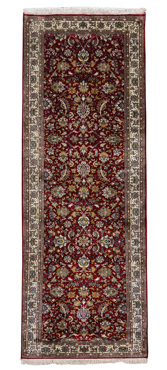 Hand knotted Kashmir pure silk pile runner, 246x82cm | Rug# 32031