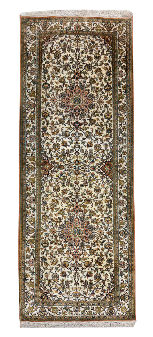 Hand knotted Kashmir pure silk pile runner, 223x78cm | Rug# 32033