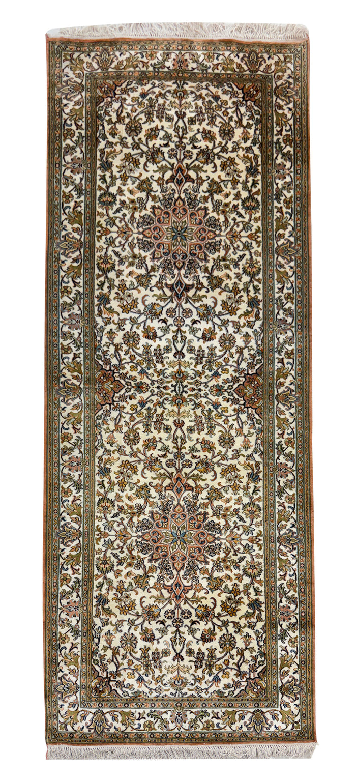 Hand knotted Kashmir pure silk pile runner, 223x78cm | Rug# 32033