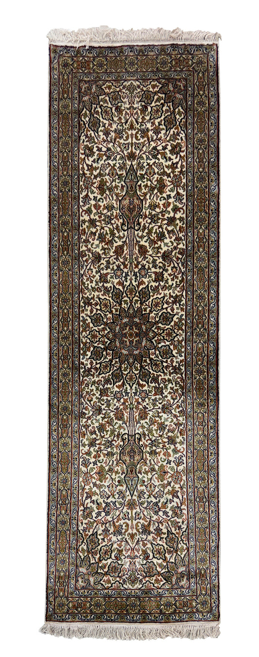 Hand knotted Kashmir pure silk  runner, 190x61cm | Rug# 32034