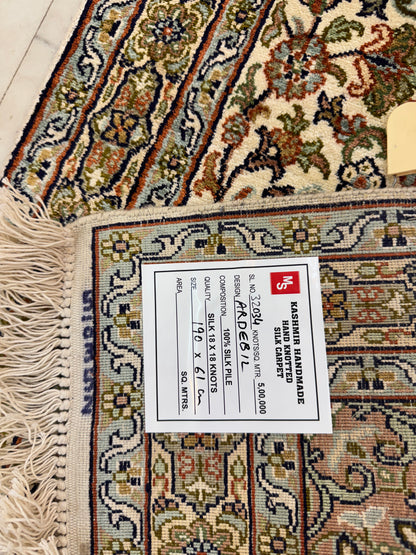 Hand knotted Kashmir pure silk  runner, 190x61cm | Rug# 32034