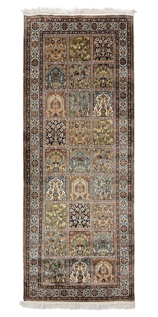 Hand knotted Kashmir pure silk pile runner, 209x83cm | Rug# 32035