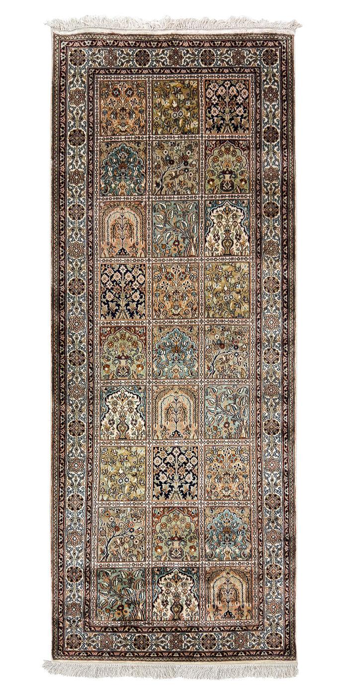 Hand knotted Kashmir pure silk pile runner, 209x83cm | Rug# 32035