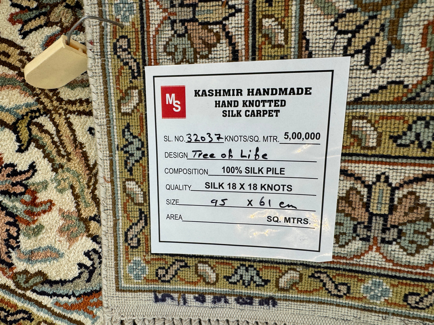 Hand knotted Kashmir pure silk pile, 95x61cm | Rug# 32037