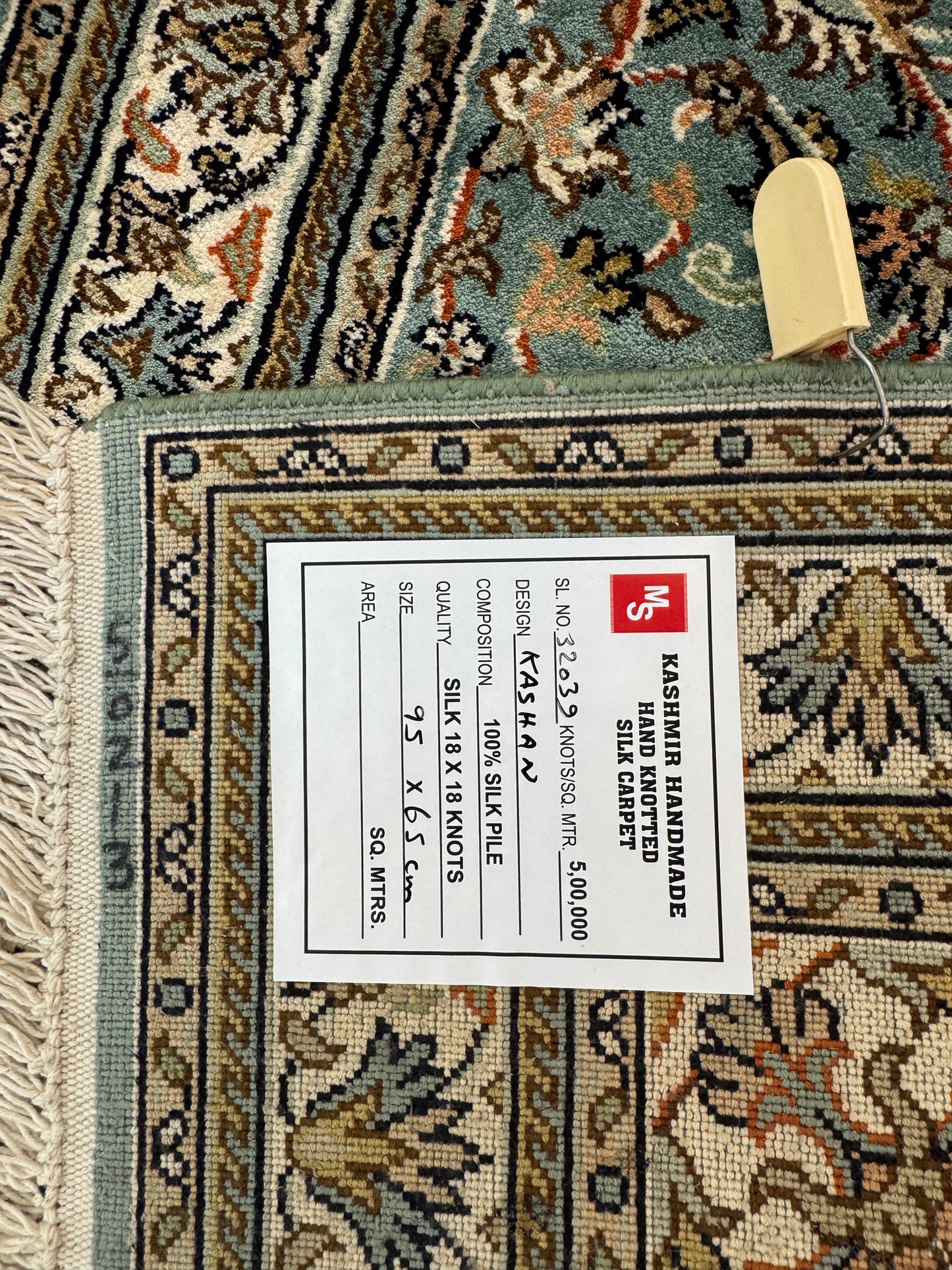 Hand knotted Kashmir pure silk pile rug, 95x65cm | Rug# 32039