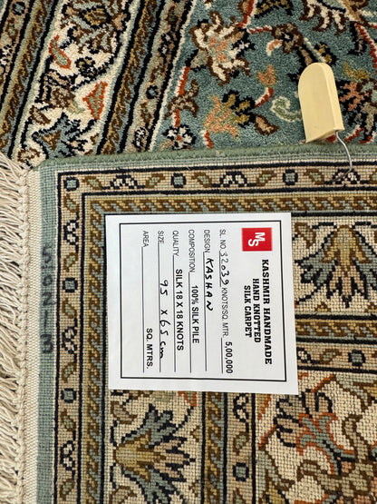 Hand knotted Kashmir pure silk pile rug, 95x65cm | Rug# 32039