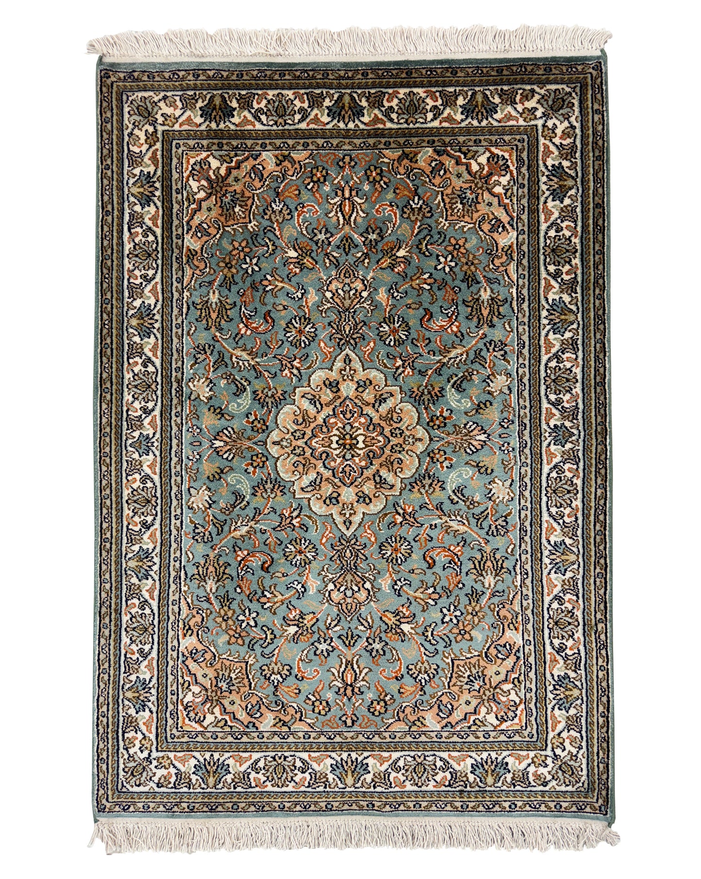 Hand knotted Kashmir pure silk pile rug, 95x65cm | Rug# 32039
