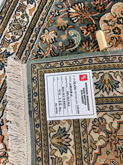 Hand-Knotted Kashmir Silk Rug 95x65cm | Rug# 32040