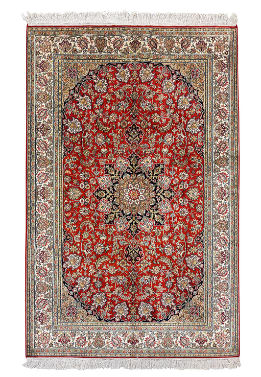 Hand knotted Kashmir pure silk pile rug, 186x125cm | Rug# 32046