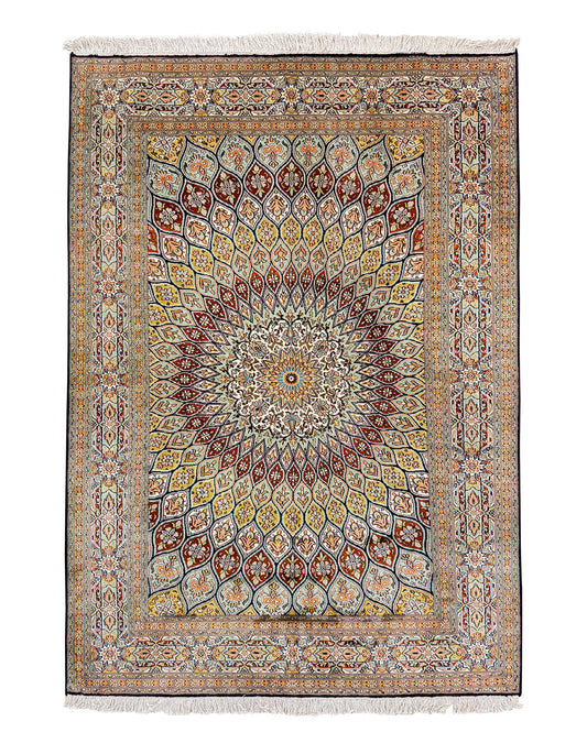 Hand knotted Kashmir pure silk pile rug, 189x129cm | Rug# 32047