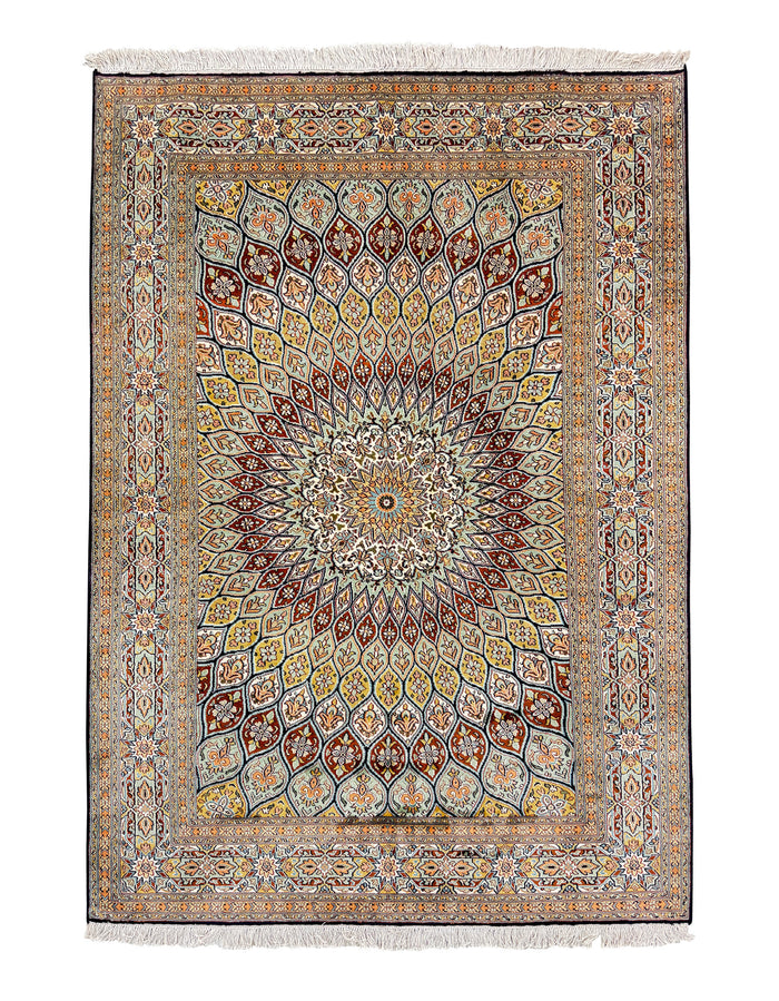 Hand knotted Kashmir pure silk pile rug, 189x129cm | Rug# 32047