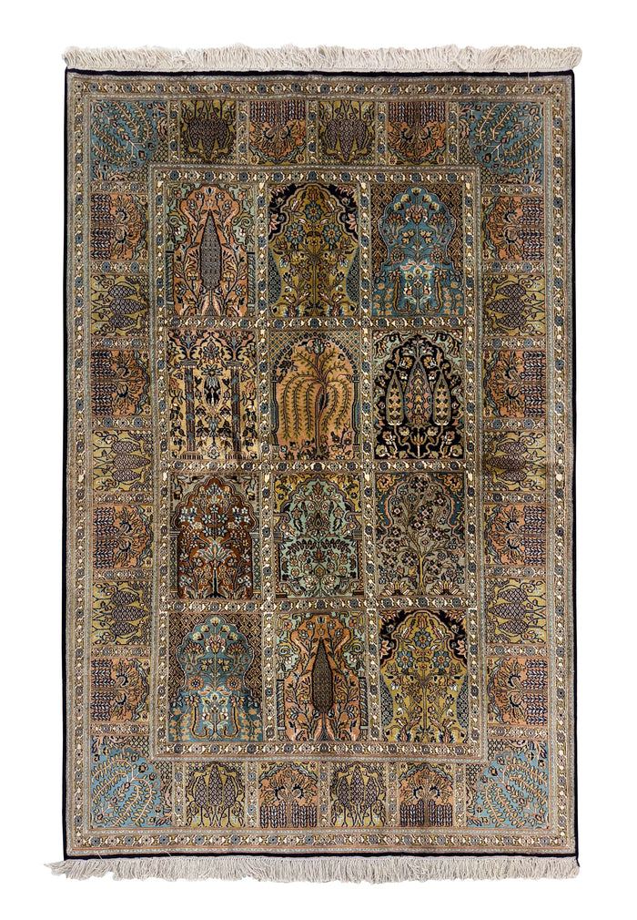 Hand knotted Kashmir pure silk pile, 189x123cm | Rug# 32049